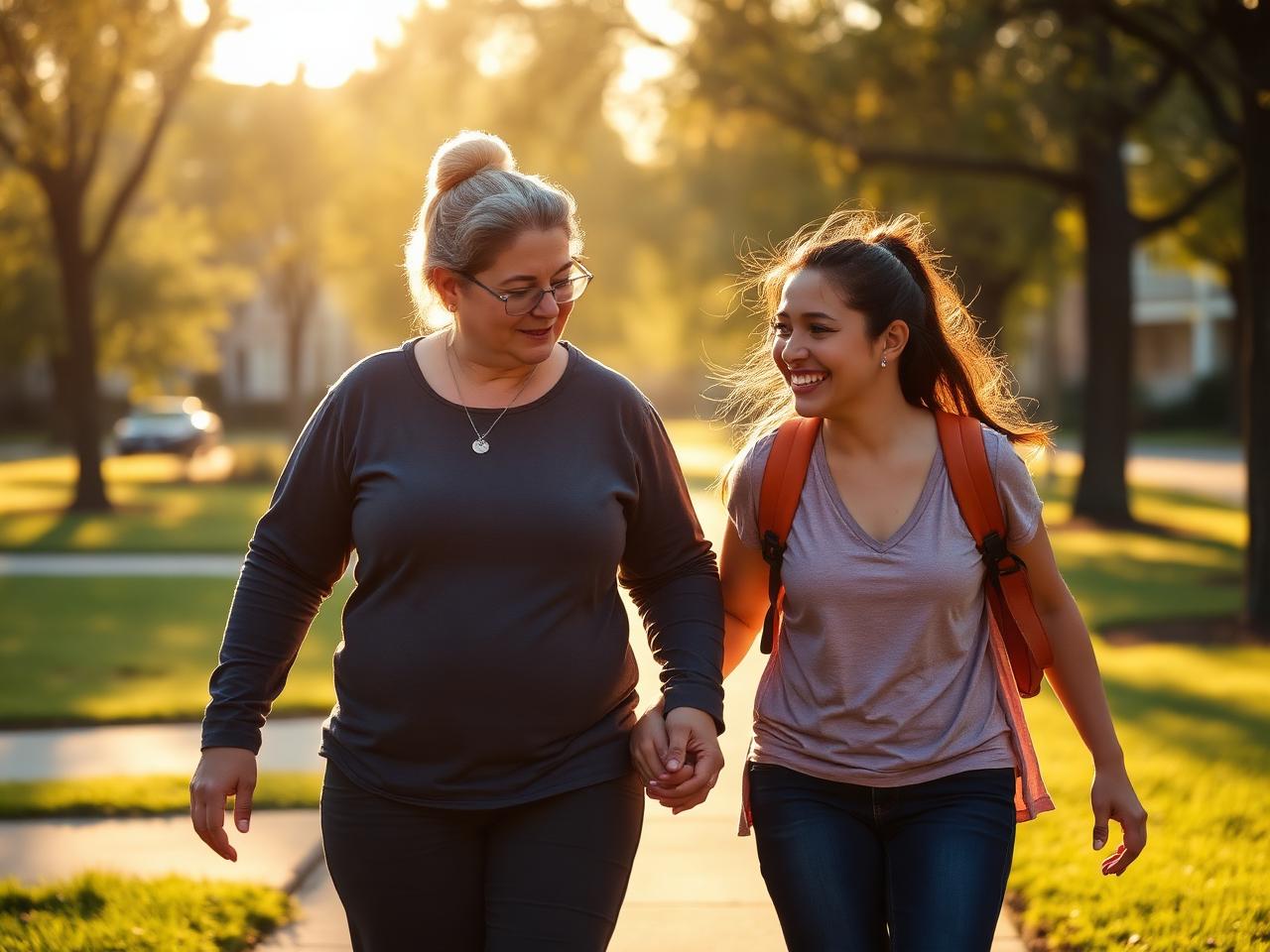 A support professional walking outdoors with a client along a neighborhood sidewalk.