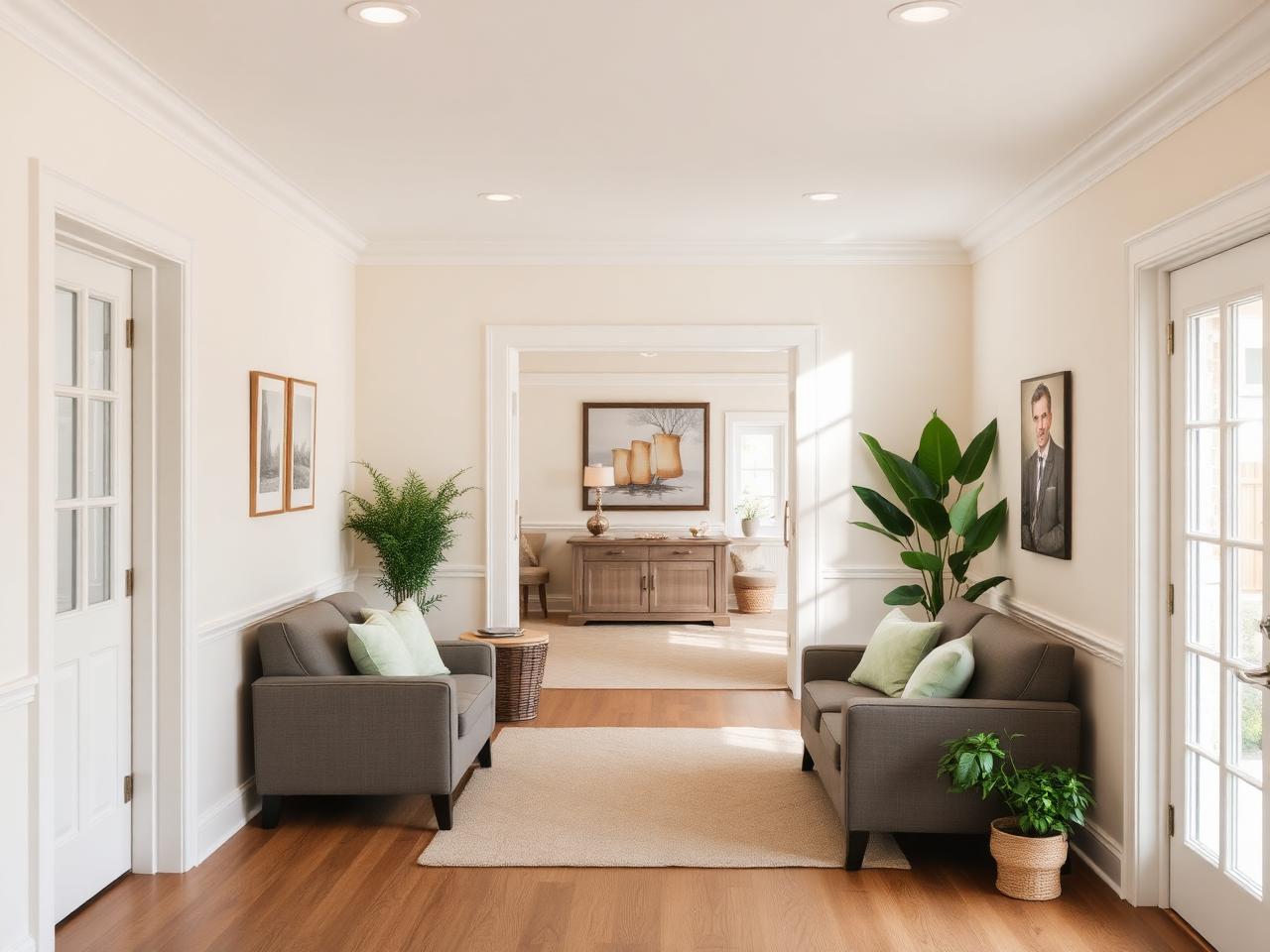 A bright, accessible residential living room with cream walls, soft seating and wide doorways.