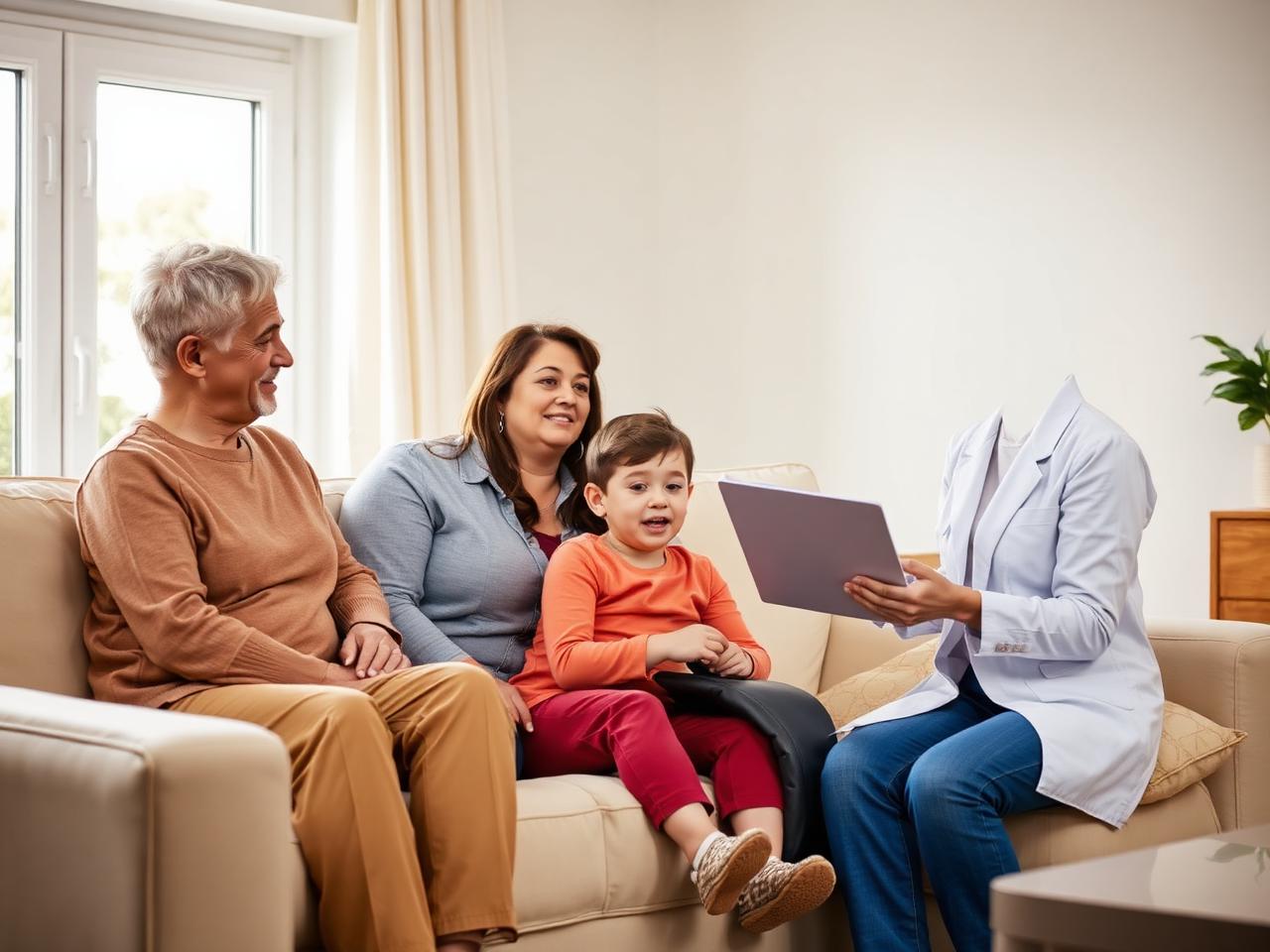 A care coordinator meeting with a family in their living room.