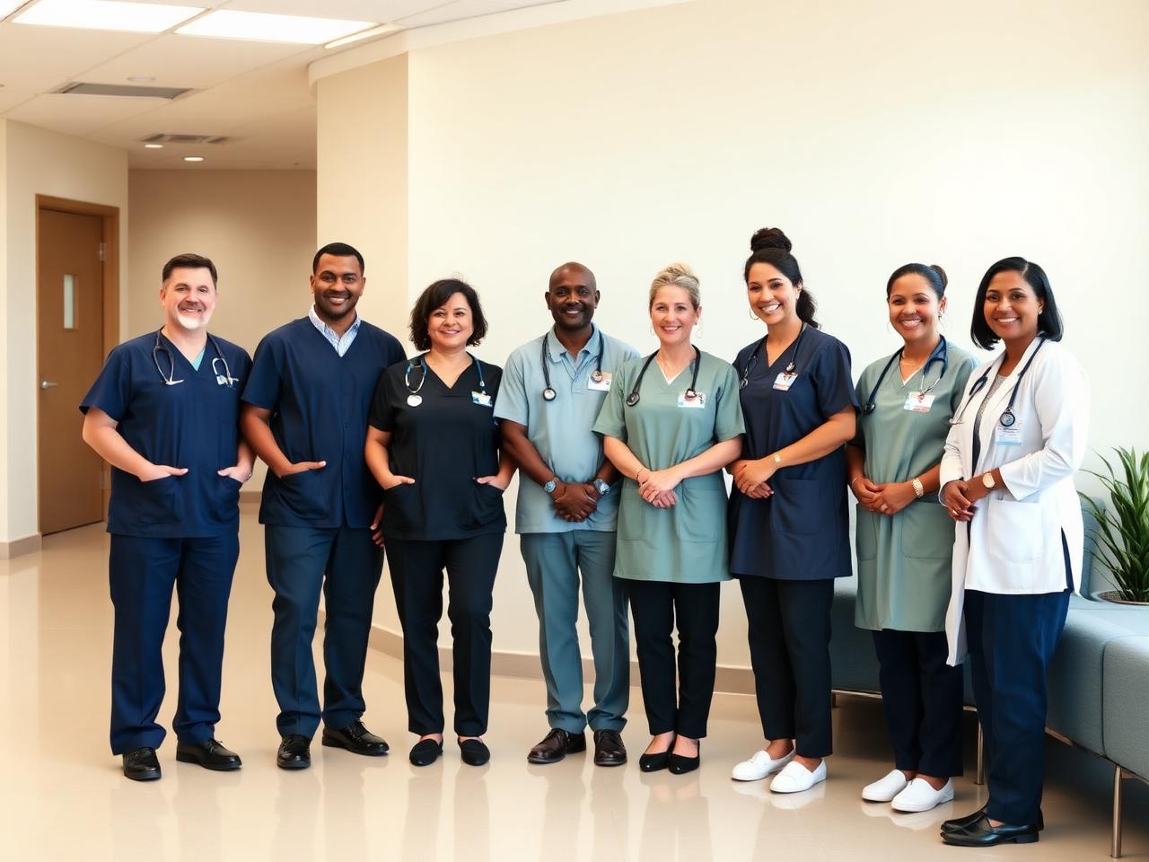 A group of care professionals standing together in a bright office reception area.